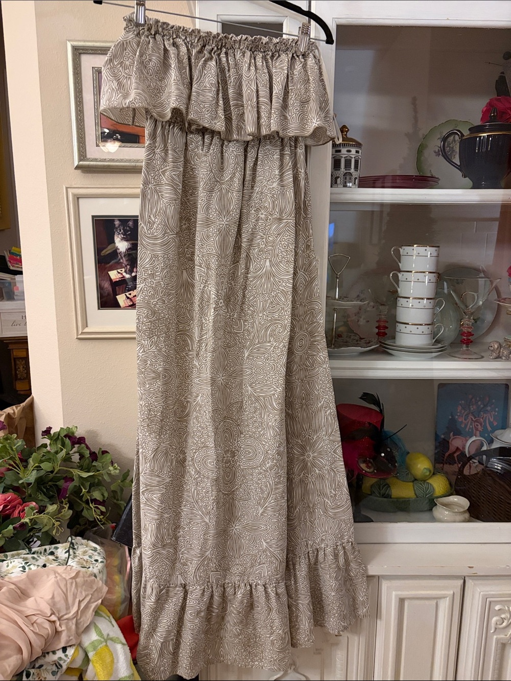 Moda International vintage Boho strapless 100% linen ruffle maxi dress size M